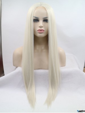 Lace Front Without Bangs Long Straight Grey 28 inch Synthetic Wigs