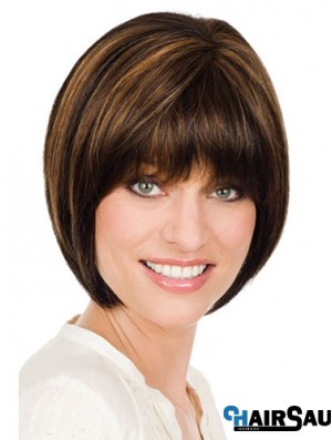 Cheapest Brown Chin Length Straight Bobs Monofilament Wigs