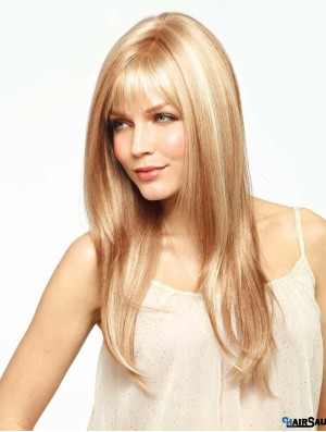 Long Straight With Bangs Convenient Blonde Lace Front Wigs