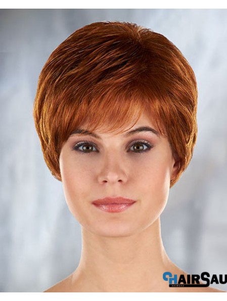 Auburn Curly Synthetic Short With Bangs Mono Filament Wigs