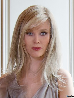 Long Straight With Bangs Blonde Sleek 100% Hand-tied Wigs