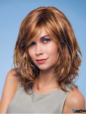 Layered Shoulder Length Wavy Auburn 12 inch Natural Monofilament Wigs