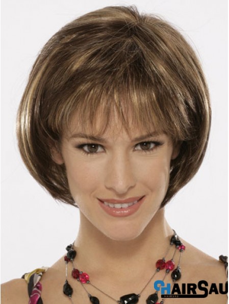 Capless Chin Length Straight Brown Top Bob Wigs