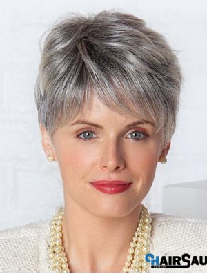 Monofilament Lace Wigs Grey Cut Straight Style Short Length