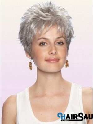 Grey Wig With Capless Cropped Length Boycuts Wavy Style