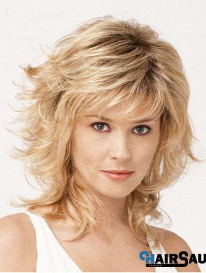 Shoulder Length Layered 13 inch Wavy Blonde Medium Wigs