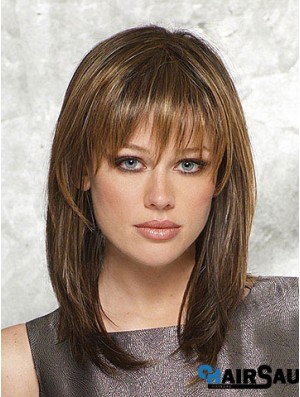 Sassy Straight Brown Shoulder Length With Bangs Medium Wigs