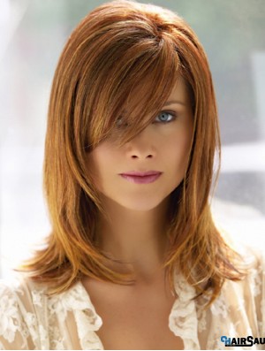 Shoulder Length With Bangs 14 inch Straight Auburn Medium Wigs