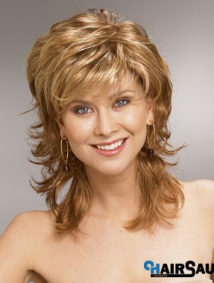 Shoulder Length Layered 13 inch Wavy Blonde Medium Wigs