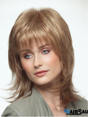 Shoulder Length Layered 14 inch Straight Blonde Medium Wigs