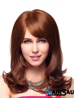 Shoulder Length With Bangs 20 inch Wavy Auburn Medium Wigs