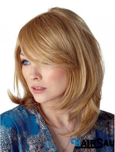 Cheapest Straight Blonde Shoulder Length With Bangs Medium Wigs