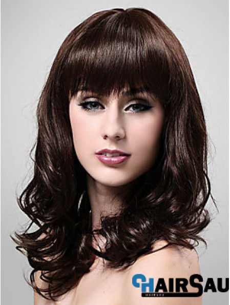 Shoulder Length With Bangs 20 inch Wavy Brown Medium Wigs