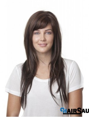 Ideal Brown Straight With Bangs Monofilament Long Wigs