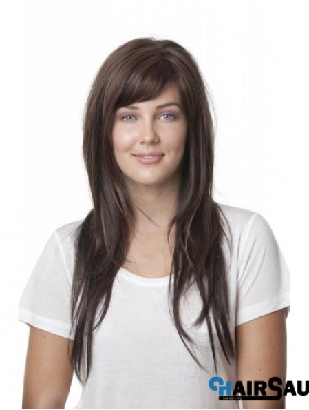 Ideal Brown Straight With Bangs Monofilament Long Wigs