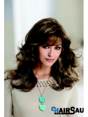 Sleek Brown Wavy With Bangs Capless Long Wigs