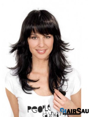 Popular Black Straight With Bangs Capless Long Wigs