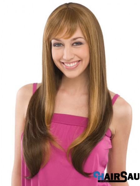 Fashionable Brown Straight With Bangs Capless Long Wigs