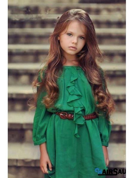 Hand-Tied Wavy Long Auburn Remy Human Hair Lace Front Monofilament Kids Wigs