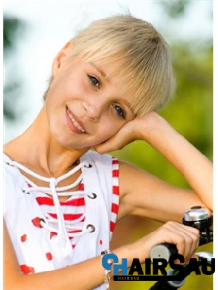 Straight Short Blonde Remy Human Hair 100% Hand-tied Kids Wigs