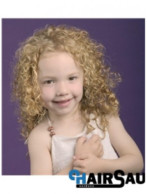 Curly Shoulder Length Blonde Synthetic 100% Hand-tied Kids Wigs