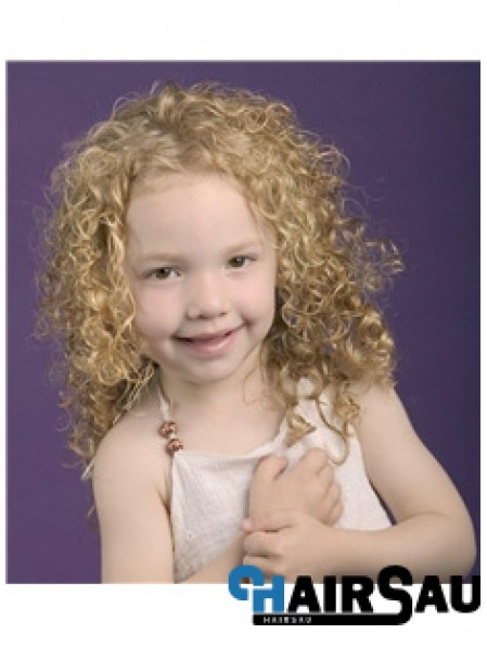 Curly Shoulder Length Blonde Synthetic 100% Hand-tied Kids Wigs