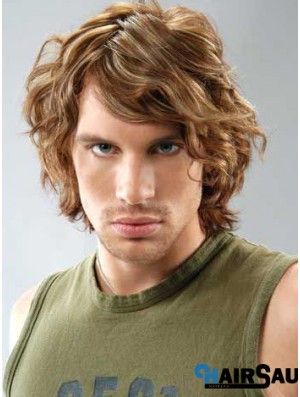 Lace Front Brown Remy Human Curly With Bangs Men's Wigs In UK