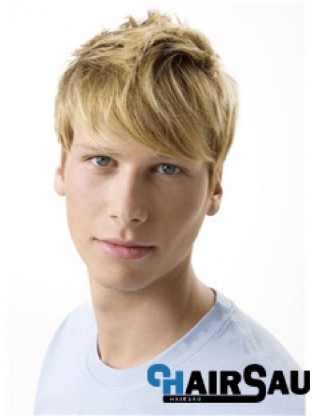 Remy Human 100% Hand Tied Short Wavy Blonde Wigs For Men