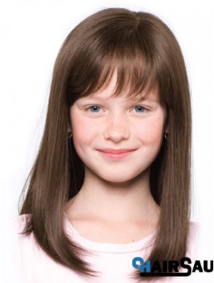 Straight Shoulder Length Brown Synthetic 100% Hand-tied Kids Wigs