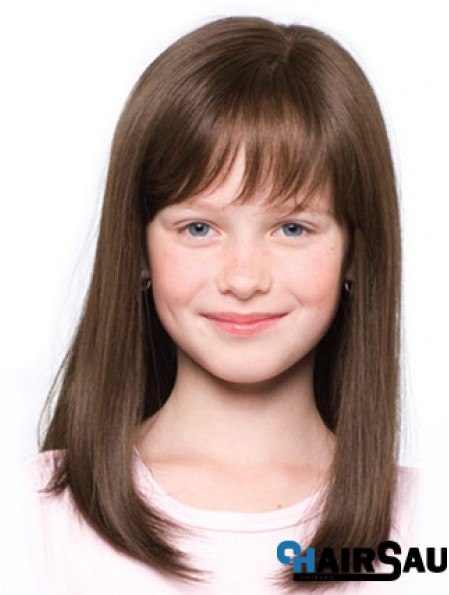 Straight Shoulder Length Brown Synthetic 100% Hand-tied Kids Wigs