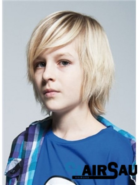 Straight Chin Length Blonde Remy Human Hair Capless Kids Wigs