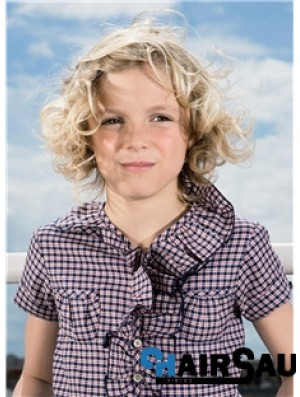 Curly Chin Length Blonde Synthetic 100% Hand-tied Kids Wigs