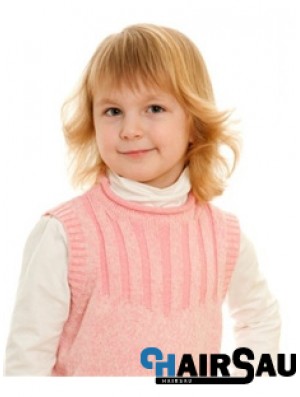 Wavy Shoulder Length Blonde Remy Human Hair 100% Hand-tied Kids Wigs