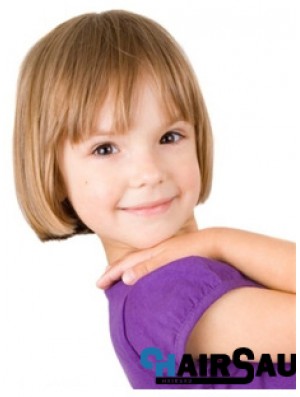 Straight Short Blonde Remy Human Hair 100% Hand-tied Kids Wigs