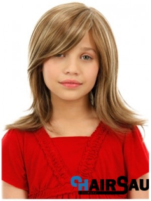 Childrens Wigs Blonde Color Shoulder Length Straight Style With Capless