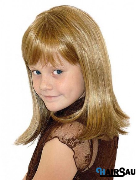 Straight Shoulder Length Blonde Synthetic 100% Hand-tied Kids Wigs