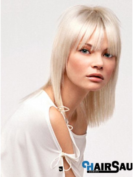 Lace Front With Bangs Shoulder Length Straight 14 inch Platinum Blonde No-Fuss Fashion Wigs