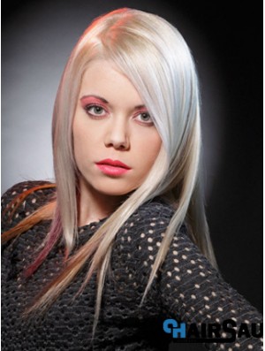 Lace Front Without Bangs Long Straight 16 inch Platinum Blonde Good Fashion Wigs