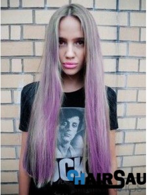 Fashionable Ombre/2 Tone Long Straight Without Bangs 28 inch Human Lace Wigs