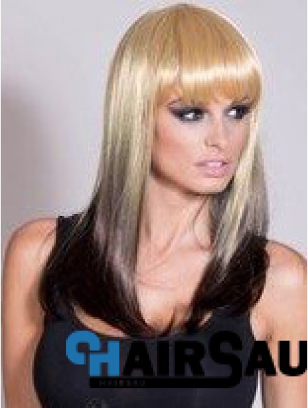 Affordable Ombre/2 Tone Long Straight With Bangs 20 inch Human Lace Wigs