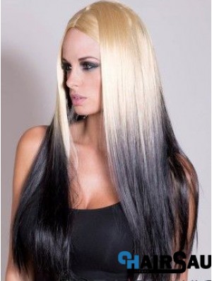 Suitable Ombre/2 Tone Long Straight Without Bangs 22 inch Human Lace Wigs