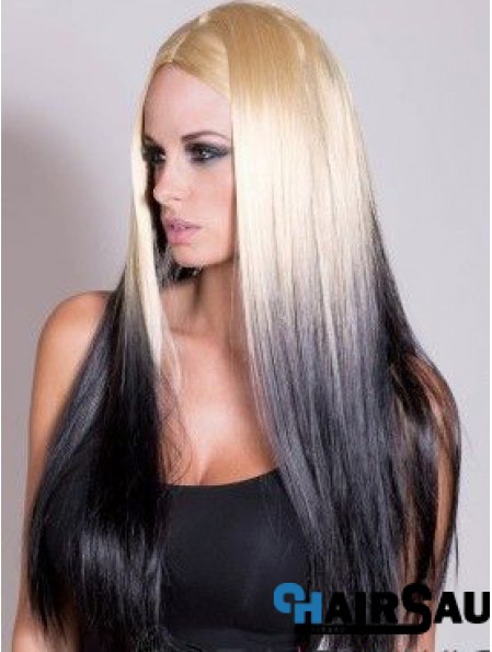 Suitable Ombre/2 Tone Long Straight Without Bangs 22 inch Human Lace Wigs