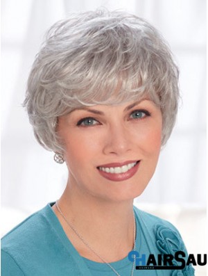 Lace Front Wigs Human Hair Short Length Wavy Style Grey Cut